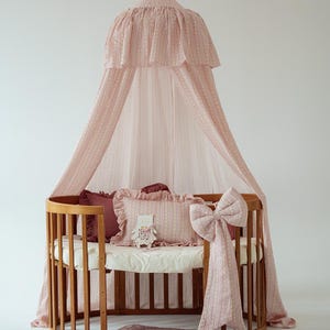 Nursery muslin canopy with ruffle "vintage style flowers", girl's canopy for princess room, pink gingham nursery curtains, fairy decoration