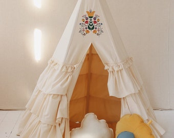 Teepee set "Folk" with linen mat shell or leaf mat, Gift for a child, teepee for a girl's room, teepee with frills, western home decor