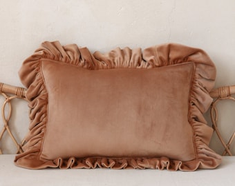 Soft Velvet Pillow with Frill “Caramel”, Modern pillows, Exclusive pillows, Sofa cushion, Decorative pillow, Pillow for the living room