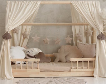 Bed Canopy "Raw Cotton" over the house bed, Kids bedroom decor, toddler minimal room, boho room decor, Personalized Bed Canopy Curtains,