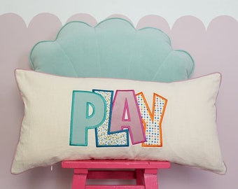 Cotton pillowcase with a colorful embroidered inscription "Play 2", unique  gift for girl, funny cushion for kids room, spring home decor