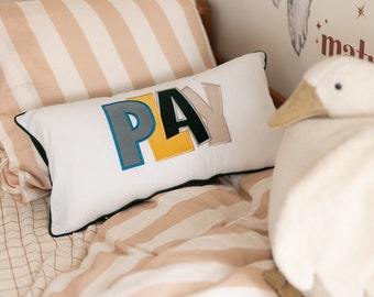 Decorative pillowcase with a colorful embroidered inscription "Play", unique gift for boy, bed decoration for boy room, baby shower gift