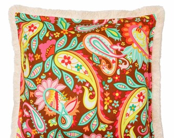 Taie d'oreiller « Brown Harmony », coussin décoratif pour maison éclectique, oreiller paisley pour salon, coussin de ferme, décoration florale,