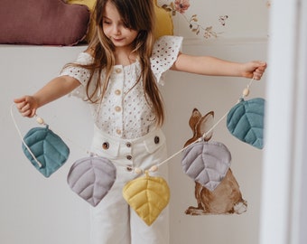 Linen Garland with Leaves “Eye of the Sea”, Nursery decoration, Handmade, Kids Room decoration, Decorative garland, Kids bed decoration