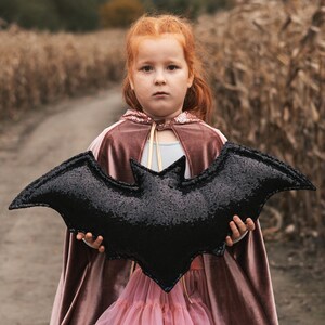 Op de afbeelding: Een jong meisje gekleed in een roze fluwelen cape en een roze tule rok houdt een zwart pailletten vleermuis kussen vast. Ze staat op een zandpad in een veld met gedroogde maïsstengels.