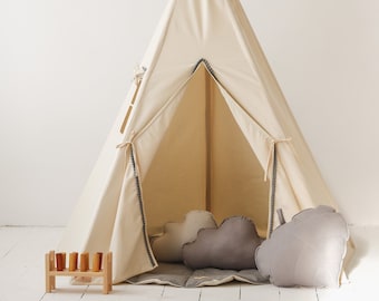 Teepee with Pompoms and Mat Set “Grey Pompoms”, Teepee tent for boy, Kids play tent, Kids room, Baby room, Playmat for Kids