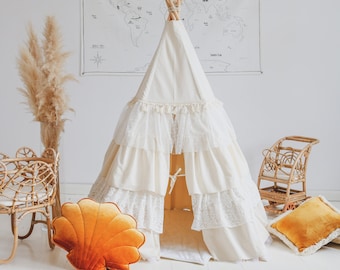 Teepee Tent with Frills “Shabby Chic”, Gift for kids, Handmade, Teepee tent for girl, Teepee tent for boy, Garden, Terrace