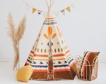 Tente tipi avec imprimé unique « Native Vibe » la maison de jeu parfaite pour enfant, cadeau d’anniversaire pour garçon, tente pour chambre de garçons, décoration intérieure occidentale