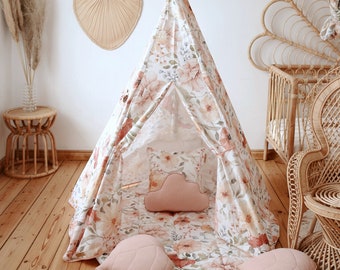 Tente tipi florale et boho « Flower power » cadeau d’anniversaire pour les filles, espace pour enfants dans la chambre, imprimé floral artistique, décoration rustique pour la maison pour les enfants