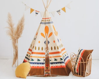 Teepee and Mat Set “Native vibe”, Kids play tent, Kids room, baby room, Teepee for garden, Teepee for terrace, Teepee tent for boy