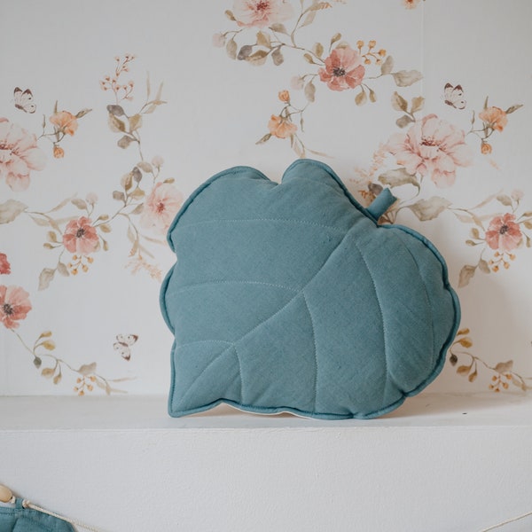 Linen leaf pillow "Eye of the sea", Exclusive pillow, Sofa or bed cushion ,pillow for girl's room, vibrant style, spring decoration