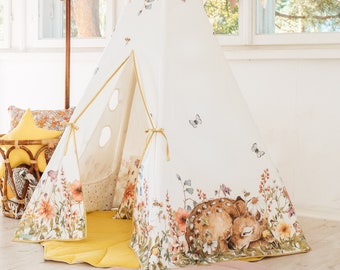 Teepee and Mat Set “Wildflowers”, Gift for kids, Teepee tent for kids, High quality, Handmade, Teepee tent with mat, Teepee tent for girl