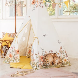 Cotton teepee tent for girls with deer print “Wildflowers”  floral and stylish tent, birthday gift idea for girl, spring home decoration