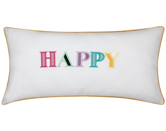 Decorative pillowcase with a colorful embroidered inscription "Happy", unique gift for baby shower, bolster for kids coach, baby room decor