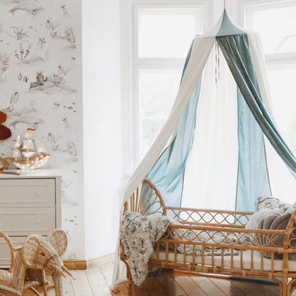 Dosel Montessori para dormitorio con motivo "Circo Azul", rincón infantil de circo, regalo original para baby shower, dosel azul para cuna, elegante dosel para bebé.
