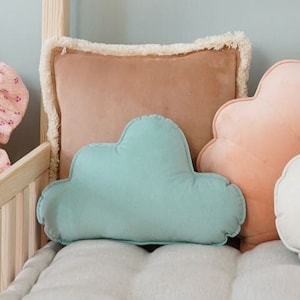 Può includere: Un letto a forma di casetta di gioco blu chiaro e bianco con una parete verde chiaro e una varietà di cuscini colorati, tra cui un cuscino a forma di nuvola, un cuscino a forma di auto e un cuscino con volant.