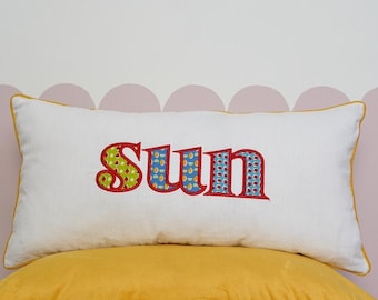 Decorative pillowcase with a colorful embroidered inscription "Sun", summer home decor, zero waste home decor, maximalist kids room decor