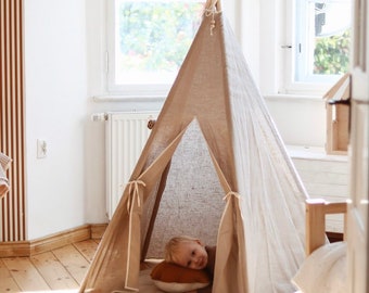 Teepee and Mat Set “Natural Linen”, Gift for kids, Teepee tent for kids, High quality, Handmade, Playmat for Kids, Teepee for garden