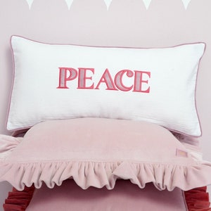 Decorative pillowcase with a pink embroidered inscription Peace, romantic gift for her, cushion for girl bedroom, pink home decor image 1