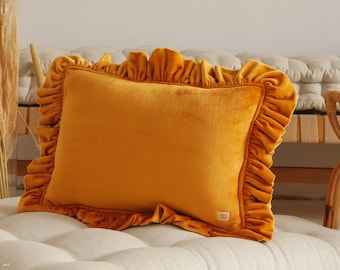 Buy Soft Velvet Pillow With Frill “mustard”, Exclusive Pillows