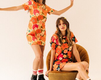 Dress TWIGGY &quot;Picnic with flowers/yellow vishy&quot;, Women&#39;s dress, Summer dress, Spring dress, Cotton dress, Dress with flowers, Mini dress