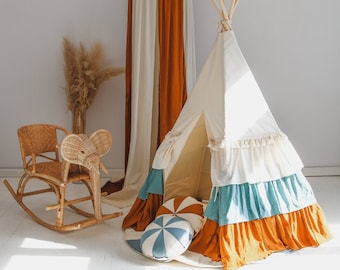 Tipi pour enfants "Cirque" avec volants en lin, motif de cirque dans la chambre des enfants, idée de chambre de filles, idée de salle de jeux de cirque, chambre colorée, tipis pour fille