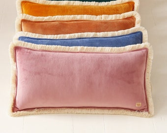 Light pink soft velvet bolster with fringe, Decorative pillow for children's room, for living room, for bedroom, Velvet pillow
