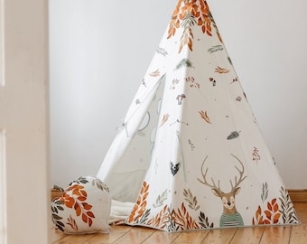 Teepee and Mat Set “Forest Friends”, Gift for kids,Kids play tent, Baby room, Playmat for Kids, Teepee for garden, Teepee for terrace