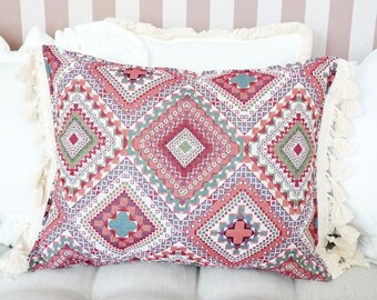 Pink boho style  decorative pillow with fringe