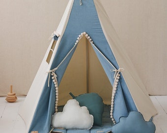 Tipi avec pompons « Jeans » jouets cadeaux pour garçons, espace chambre pour tout-petits, décoration intérieure occidentale, tipi bleu pour enfants, cadeau pour enfants de pendaison de crémaillère