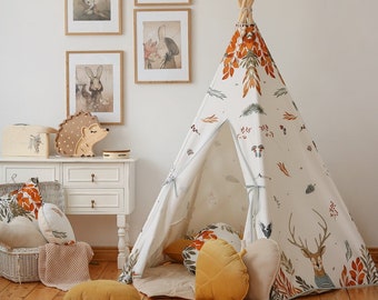 Tente tipi en coton « Forest Friends » tipis pour enfants, motif aquarelle avec cerf, motif forêt dans la chambre, idée cadeau d'anniversaire pour enfants