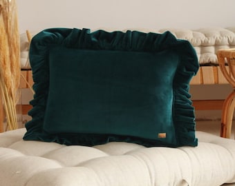 Soft Velvet Pillow with Frill “Emerald”, Decorative pillow, Velvet pillow, Sofa cushion, Pillow for children's room, for bedroom,