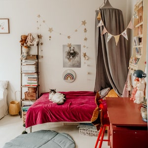 May include: A child's bedroom with a red velvet bed, a gray canopy, a wooden bookshelf, and a red desk with a red chair. There is a gray leaf-shaped play mat on the floor. A cat is lying on the bed.