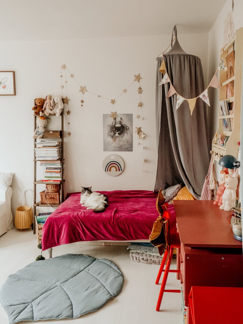 May include: A child's bedroom with a red velvet bed, a gray canopy, a wooden bookshelf, and a red desk with a red chair. There is a gray leaf-shaped play mat on the floor. A cat is lying on the bed.