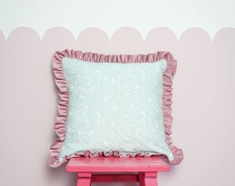 Square pillowcase "Mint forest" spring pillow for pastel room, kids room decor, pink velvet ruffle, easter gift for girl, small animals