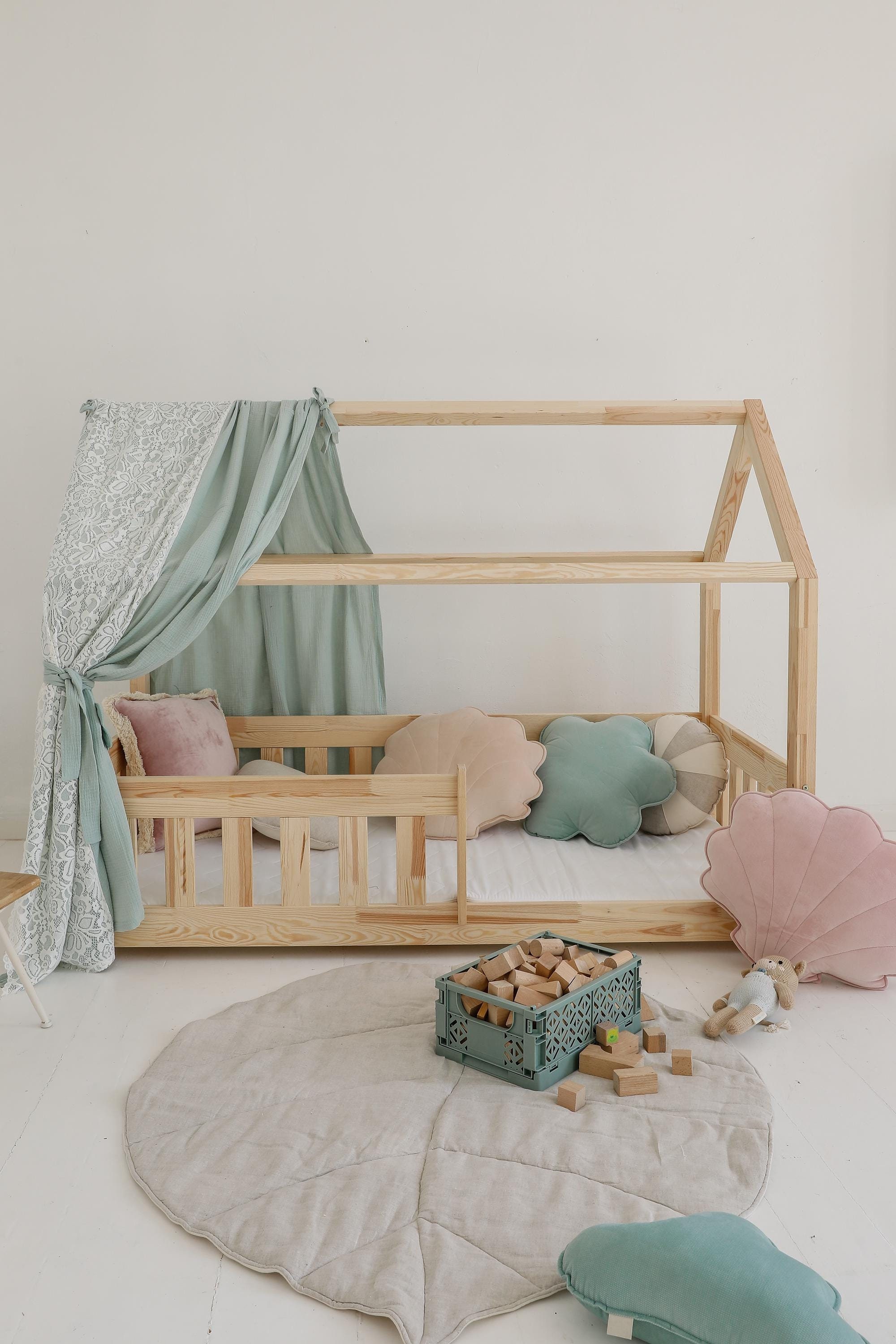 Muslin Boho Canopy with lace over the house bed for girl's room, Curtains for montessori bed, Toddler house Bed Canopy, cabin bed decor
