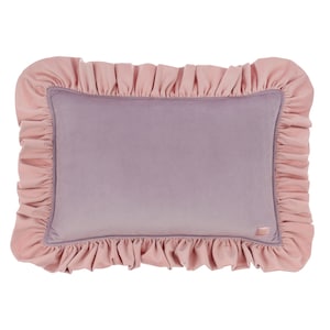 May include: A pink and purple decorative cushion with a ruffled edge.