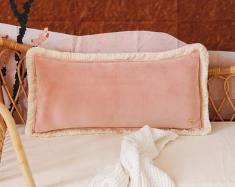 Apricot soft velvet bolster with fringe, Decorative pillow, Velvet pillow, Sofa cushion, Modern pillows, Exclusive pillows