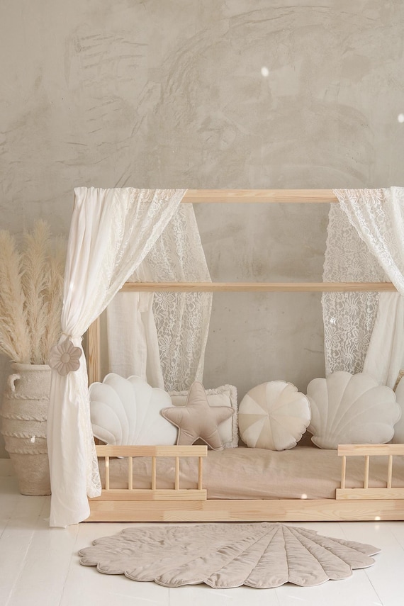 Muslin Cream boho canopy with lace over the bed, House bed tent for girl room, Curtains for montessori bed, Toddler Bed Canopy gift idea
