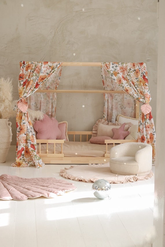 Canopy with print over the bed, House Bed Cotton Curtains, Montessori Kids Bed Tent, Toddler Bed decor, Reading Nook personalized Bed Canopy