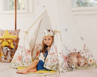 Tipi en coton pour chambre de filles tissu « Fleurs sauvages » avec cerfs, tipis pour soirée pyjama, tente à fleurs boho, décoration de maison de chalet pour chambre de fille