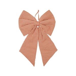 May include: A large, decorative bow in a gingham pattern of red and white. The bow is made of fabric and has long, flowing tails. It is designed to be hung or tied, perfect for adding a touch of rustic charm to any space.