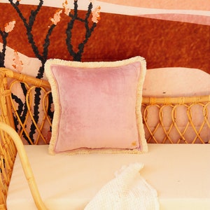 Light pink soft velvet cushion with fringe, Decorative pillow, Cotton pillow, Sofa cushion, Modern pillows Exclusive pillows