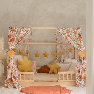 Canopy with print over the bed, House Bed Cotton Curtains, Montessori Kids Bed Tent, Toddler Bed decor, Reading Nook personalized Bed Canopy image 2