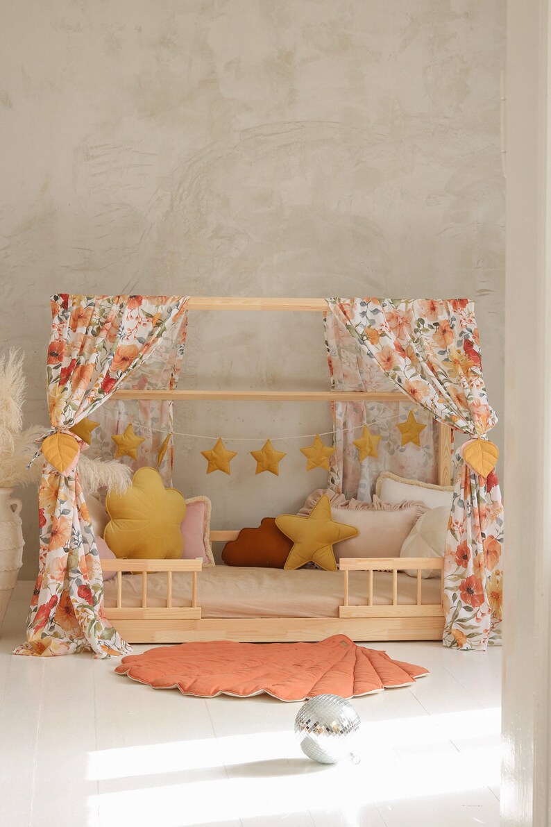 Canopy with print over the bed, House Bed Cotton Curtains, Montessori Kids Bed Tent, Toddler Bed decor, Reading Nook personalized Bed Canopy image 2