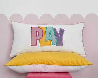 Decorative pillowcase with a colorful embroidered inscription "Play 3", unique gift for kids room, baby shower gift idea, baby space decor