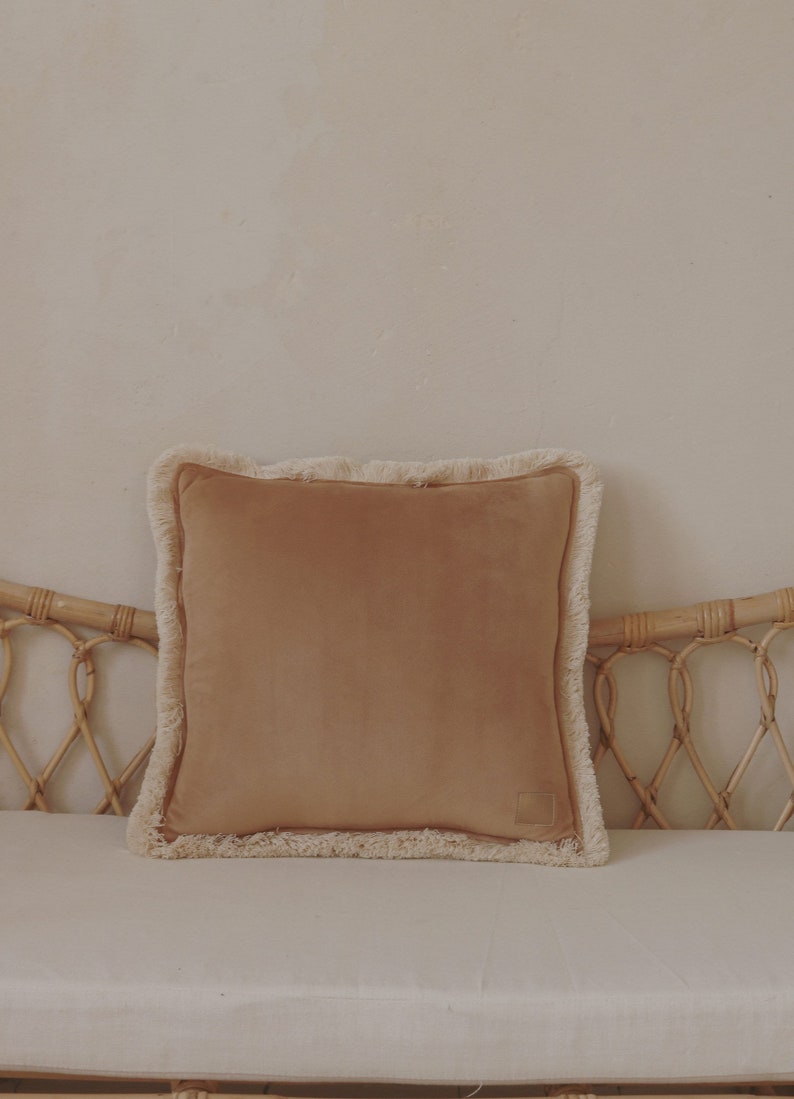 Caramel Soft Velvet Cushion with Fringe