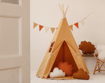 Tente tipi élégante « Ocre », option pour chambre de garçons et de filles, couleur d’automne chaude, décoration de chambre d’enfants en forêt, décoration de maison de chalet, cadeau de Pâques pour enfants