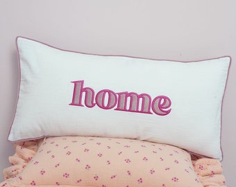 Decorative pillowcase with a pink embroidered inscription "Home" unique romantic gift, pillow for girl's room, pink housewarming gift