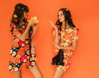 Retro Floral Mini Dress &quot;Picnic with Flowers/Black&quot;,Women&#39;s Summer Dress, Colorful Viscose Dress, 60s Style Mini Dress, Casual Spring Outfit